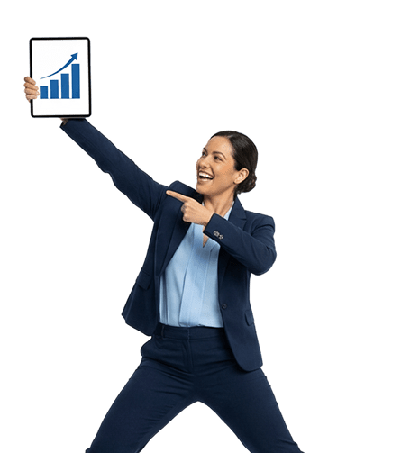 A smiling businesswoman in a blue suit holds up a tablet showing a rising growth chart and points at it