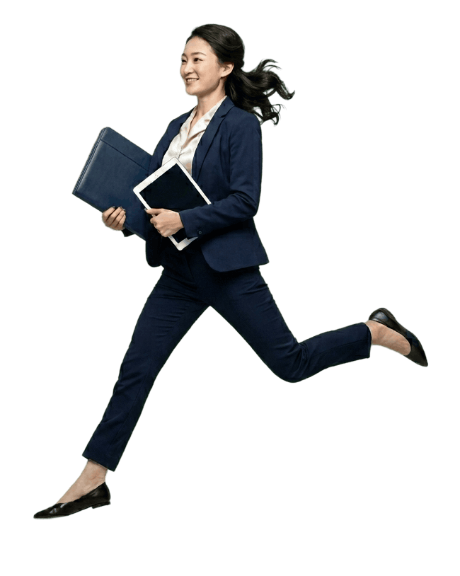 Businesswoman in a navy suit running while holding folders and a tablet