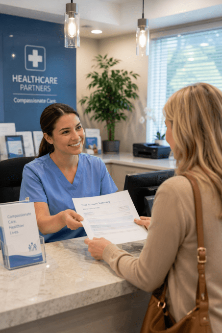 Medical office staff member assisting patient with account paperwork