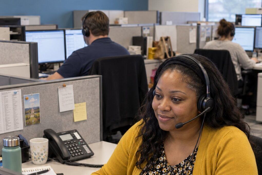 Summit A*R consumer collections specialist listening on a call with a warm smile