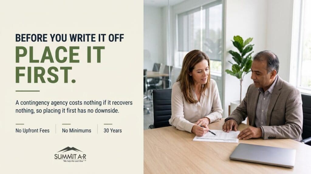 Summit A*R accounts receivable consultant walking a business owner through an aging report at a conference table