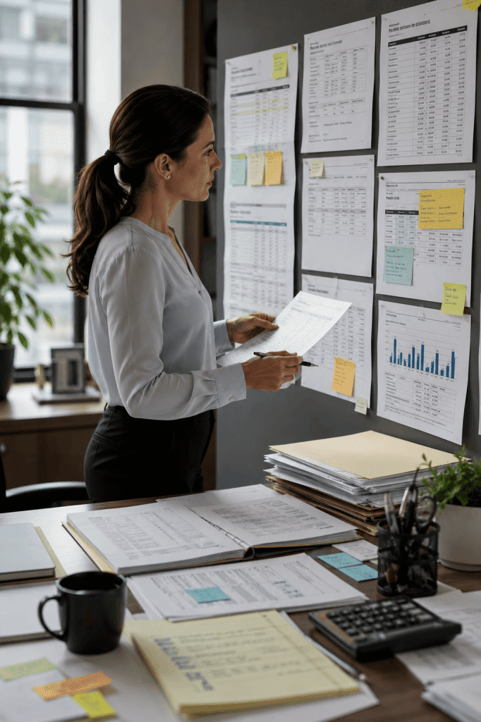 Finance manager reviewing accounts receivable records and payment reports