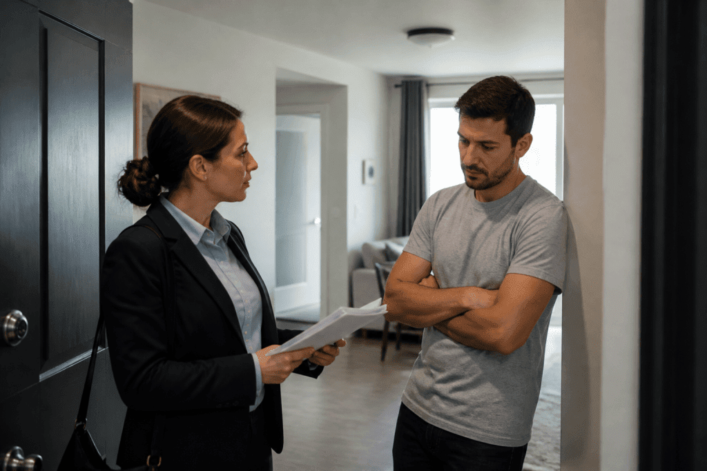 A woman in a business suit holding papers talks to a man with crossed arms inside an apartment