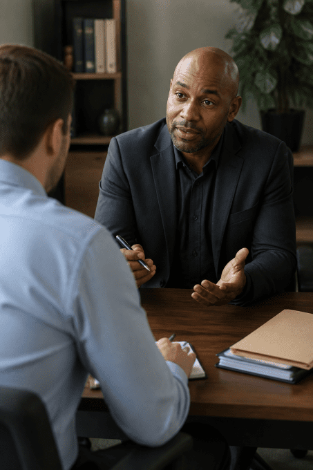 Two business professionals sitting across a wooden desk talking in an office with a bookshelf and plant