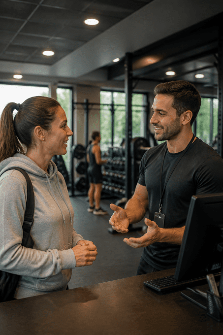 A gym staff member smiling and talking with a female member at the front reception desk