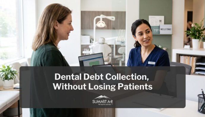 A dental receptionist in blue scrubs talks with a woman at the front desk of a modern dental office