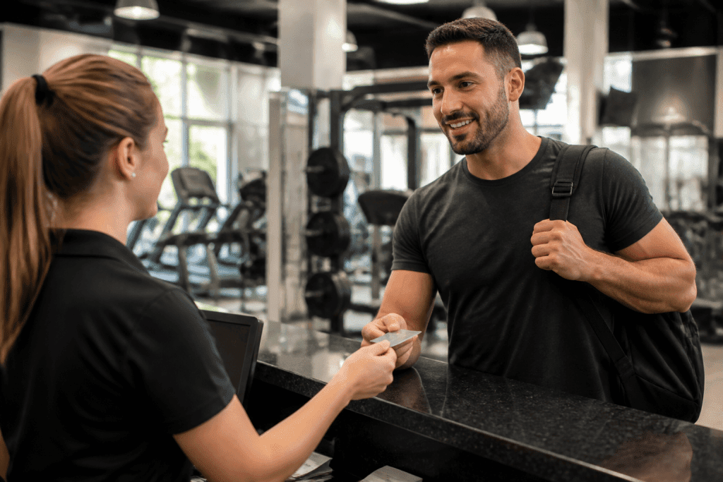 A smiling man with a gym bag handing a membership card to a female receptionist at a gym front desk