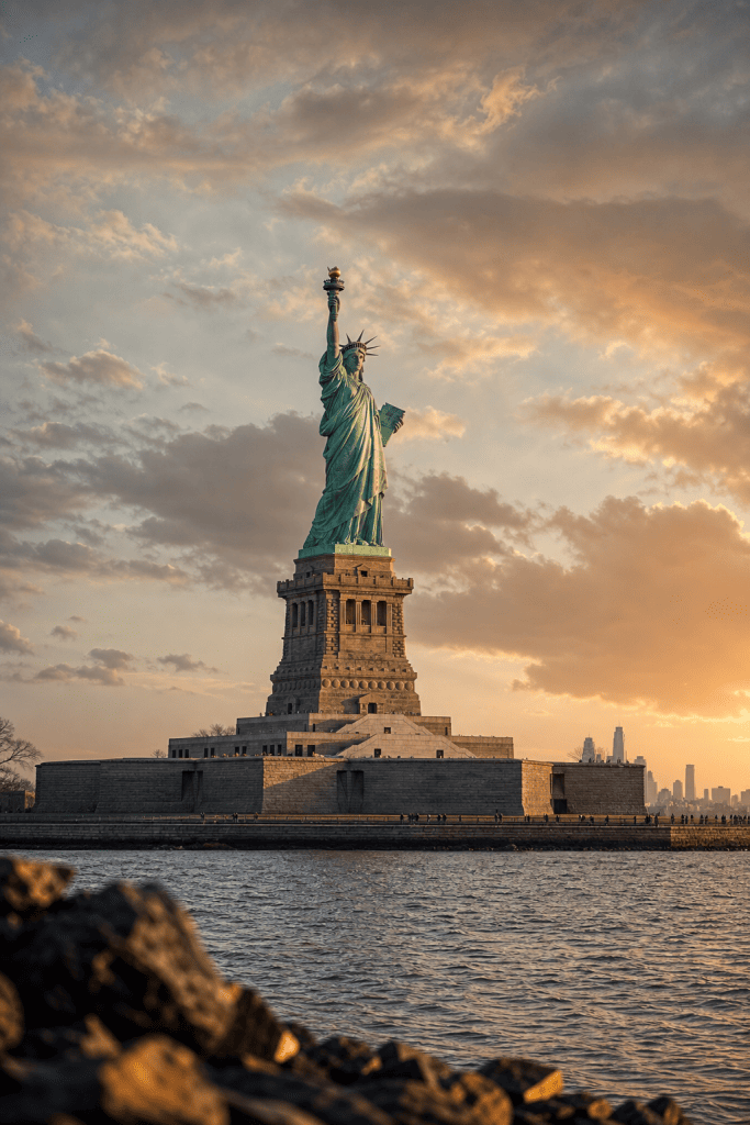New york debt collection agency services feature the Statue of Liberty standing tall against a dramatic sunset sky