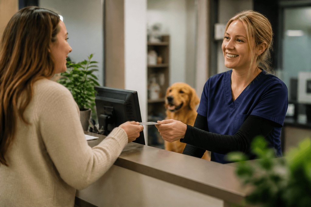 A smiling veterinary receptionist in scrubs takes a card from a client at a clinic desk with a golden retriever