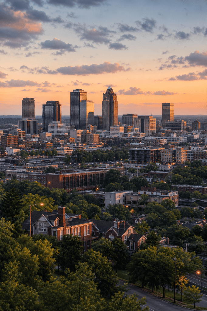 Alabama debt collection agency services shown with a view of the Birmingham downtown skyline at sunset behind trees and houses