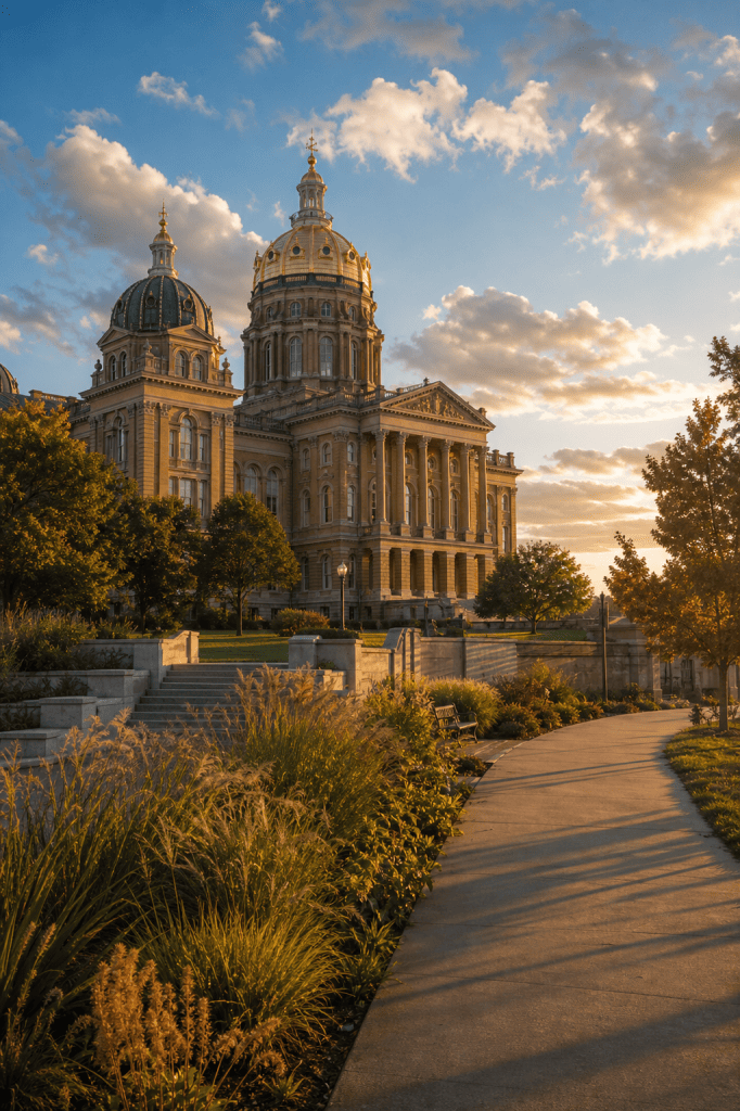 Iowa debt collection agency featuring the Iowa State Capitol building with its golden dome under a sunset sky