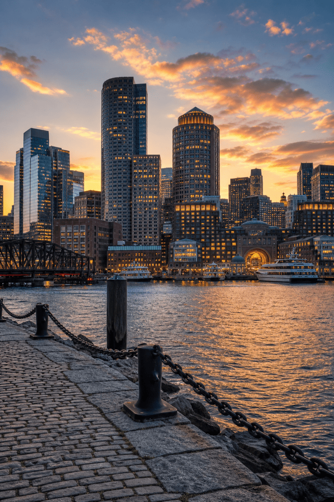 Massachusetts debt collection agency features the Boston skyline at sunset from a cobblestone waterfront boardwalk