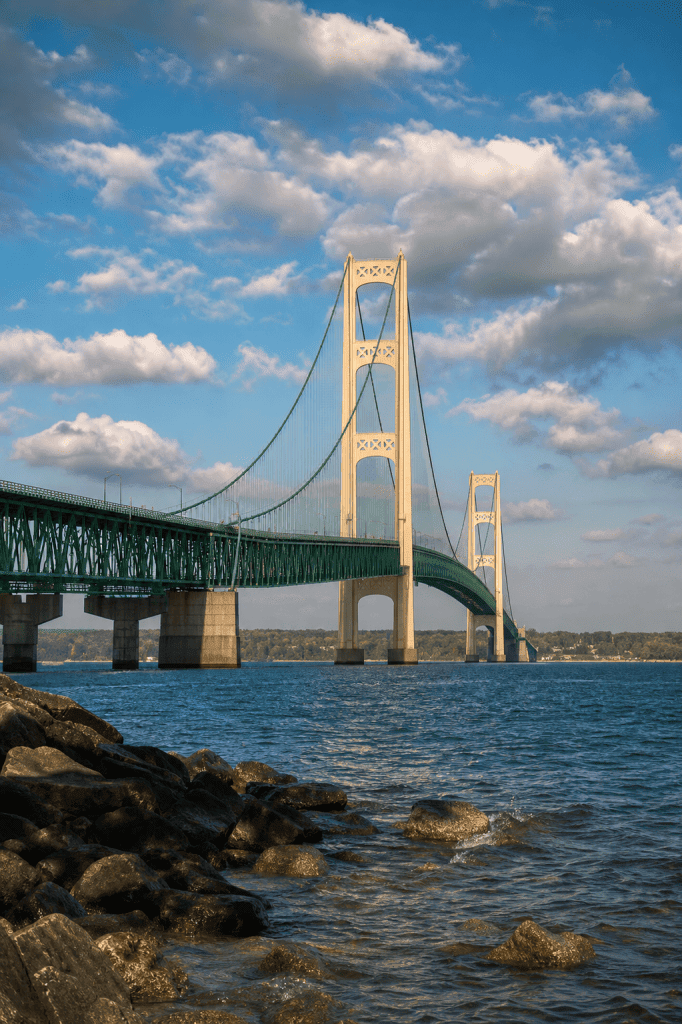 Michigan debt collection agency services represented by the Mackinac Bridge spanning the blue water under clouds