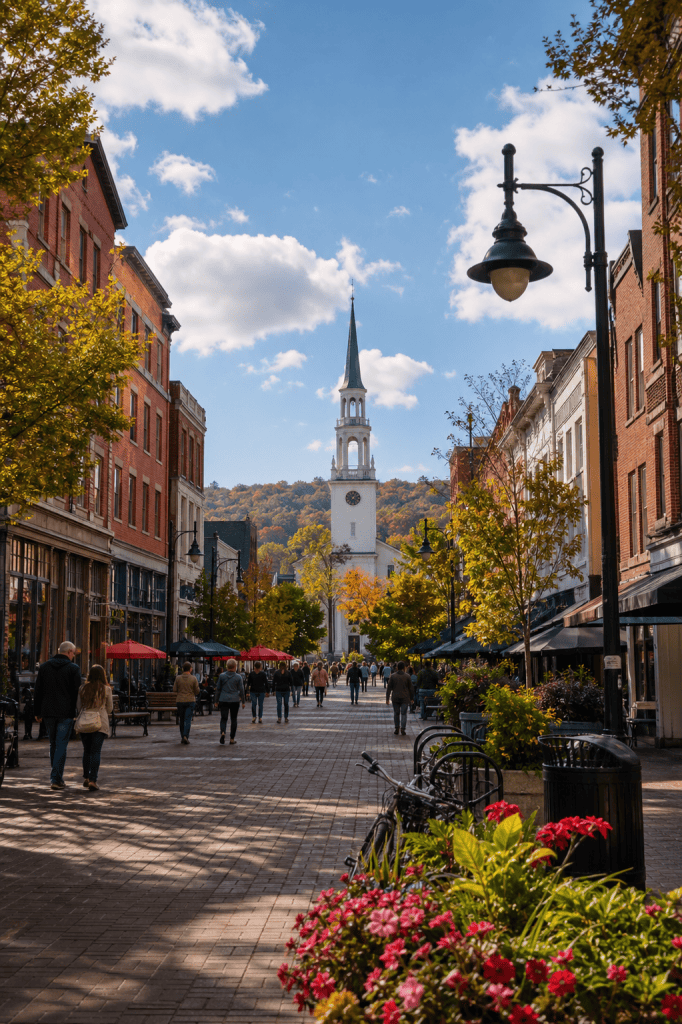 Vermont debt collection agency serving a brick pedestrian street lined with shops, a tall church steeple, and people walking