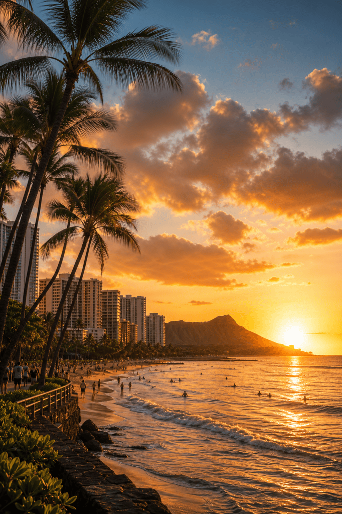 Hawaii debt collection agency serves clients near Waikiki Beach with palm trees and Diamond Head at sunset