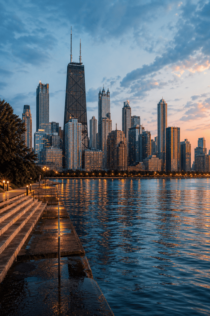 Illinois debt collection agency serving clients across the Chicago skyline at dusk with waterfront views