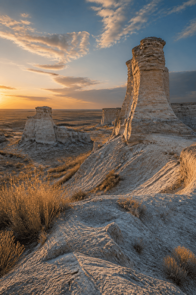 Kansas debt collection agency service area shown at Monument Rocks during a golden sunset across the prairie