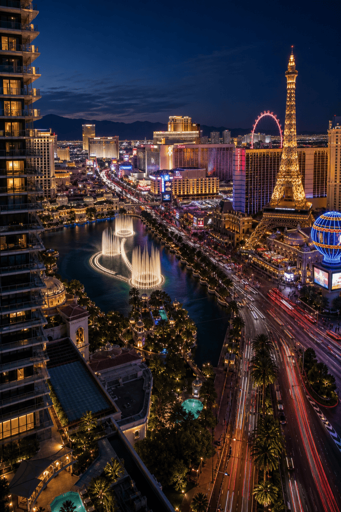 Nevada debt collection agency area shows the illuminated Las Vegas Strip at night with fountains and traffic trails