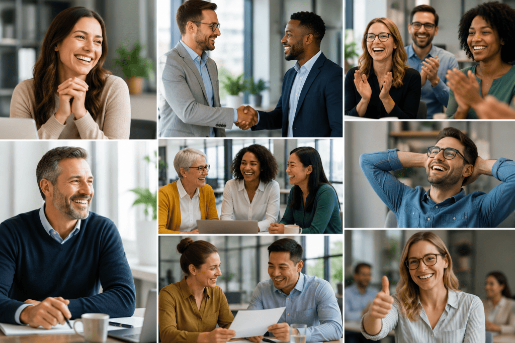 Happy clients and business professionals sharing positive experiences